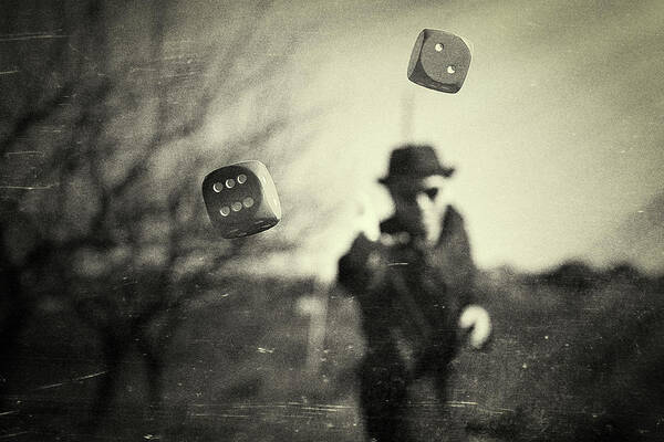 Mysterious Figure with Floating Dice Wall Art