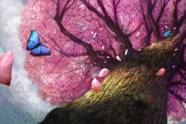 Majestic Pink Tree and Blue Butterfly Art Print
