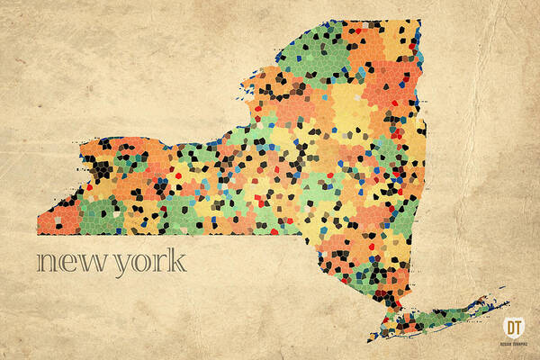 New York State Map Crystalized Counties On Worn Canvas By Design Turnpike Art Print