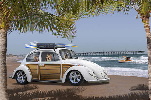 Postcards From Otis - Beach Corgis Art Print