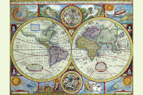 Wall Art - Drawing - New and Accurate Map of the World a Stereographic Projection by John Speed