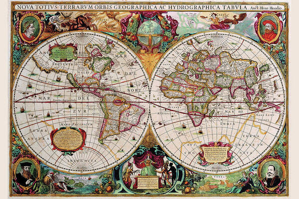 Wall Art - Drawing - Stereographic Map of the World by Jodocus Hondius