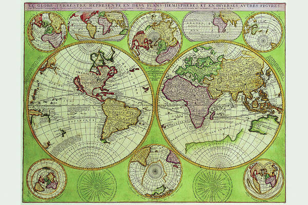 Wall Art - Drawing - Stereographic World Map with Insets of Polar Projections by Vincenzo Coronelli