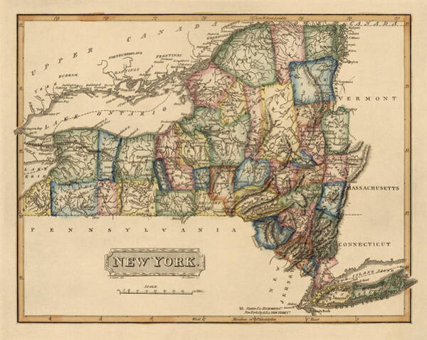 Wall Art - Drawing - Antique Map of New York State by Fielding Lucas - circa 1817 by Blue Monocle