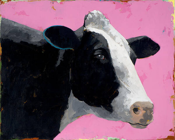 Portrait of a Cow on Pink Background Art Print
