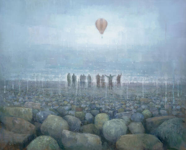 Misty Beach with Hot Air Balloon Art Print