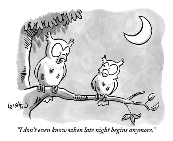 Wall Art - Drawing - Two Owls Sit On A Tree Branch Talking To Each by Robert Leighton