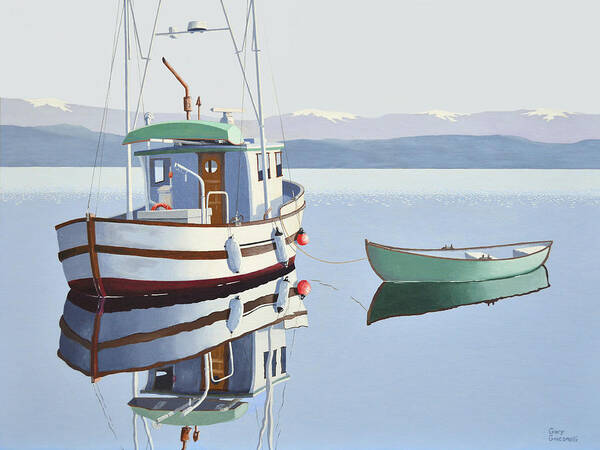 Wall Art - Painting - Morning calm-fishing boat with skiff by Gary Giacomelli