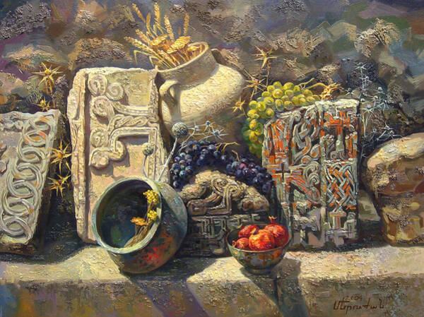 Wall Art - Painting - The Armenian still life with cross  stone khachkar by Meruzhan Khachatryan