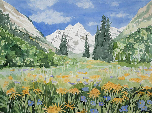 Watercolor- Maroon Bells Summer Landscape Art Print
