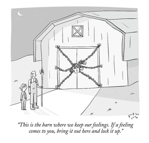 Wall Art - Drawing - A Farmer Shows His Son A Barn That Is Locked by Farley Katz
