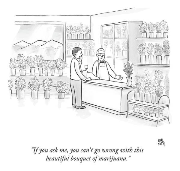 A Man Speaks With An Assistant At A Flower Shop Art Print