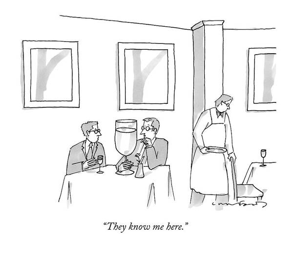 Wall Art - Drawing - A Man Sits At A Restaurant Table With An Enormous by Michael Crawford