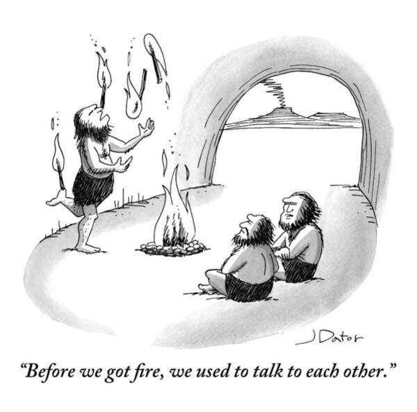 Wall Art - Drawing - A Caveman Is Juggling Sticks Of Fire While Two by Joe Dator
