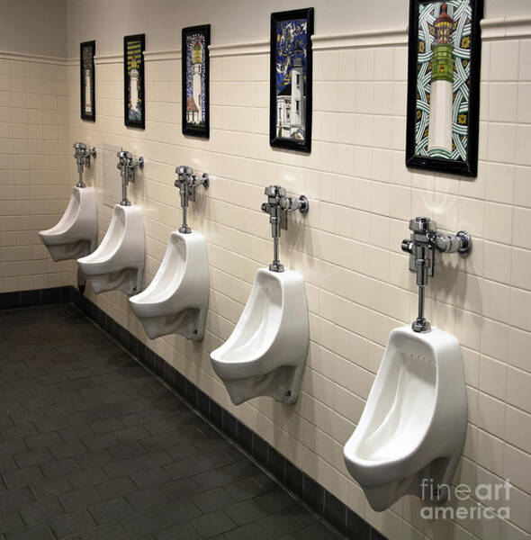 full length urinals and cubicles in mens toilet of High school canada north  america by Joe Fox