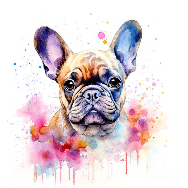 French Bulldog Digital Watercolour With Bright Paint Splashes. Cute Dog With Big Blue Eyes. Art Print