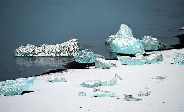 Sheri Fresonke Harper - Ice Berg Bits in the Water and on Snow and Black Volcanic Sand on Diamond Beach Shore in Iceland 