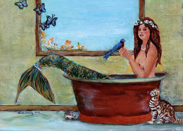 Linda Queally - Mermaid in Bathtub Spring Mermaid Painting by Linda Queally