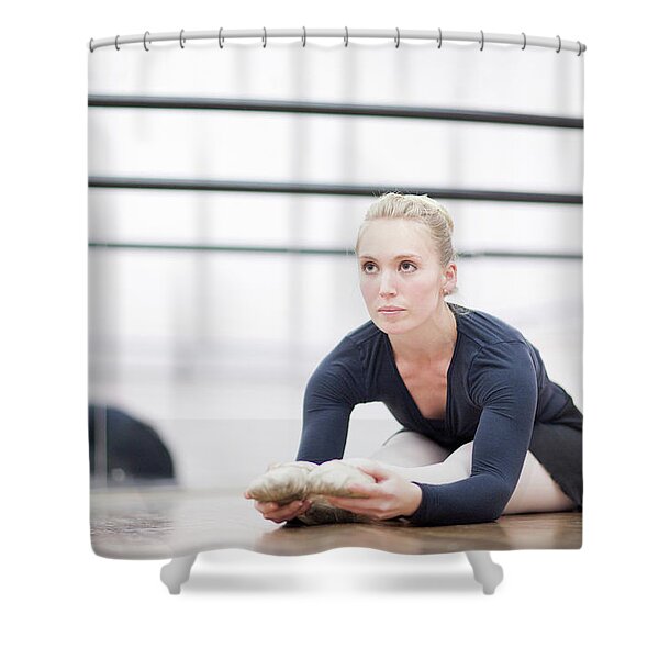 Female Ballerina Stretching On The Floor Shower Curtain