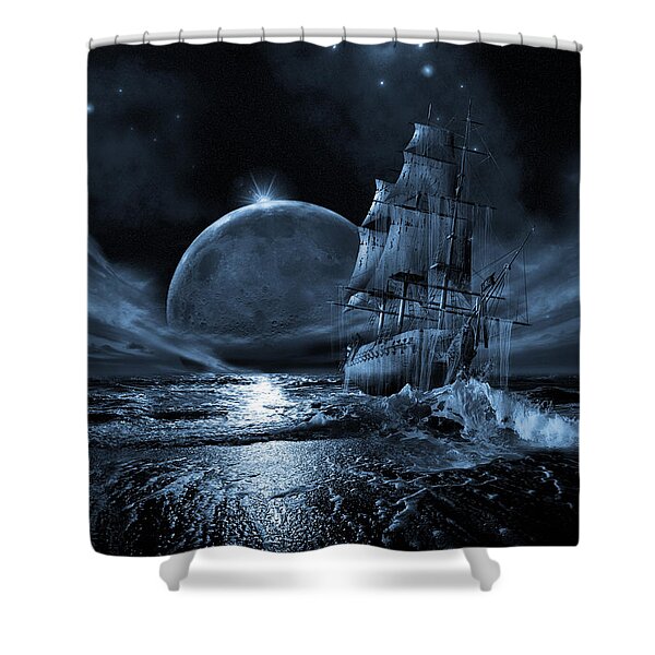 Flying Dutchman Pirate Ship Moon Ocean Fabric Shower Curtain Set Bath Accessory 