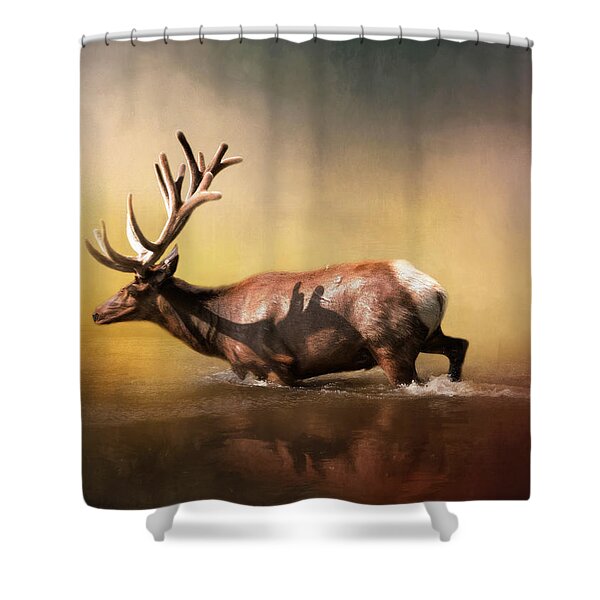 Elk Shower Curtain Animals Deer in Stream River at Forest Sunset Bath Mat Rugs 