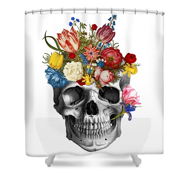 Halloween Watercolor Skull With Magnolia Flowers And Feather Shower Curtain Set 