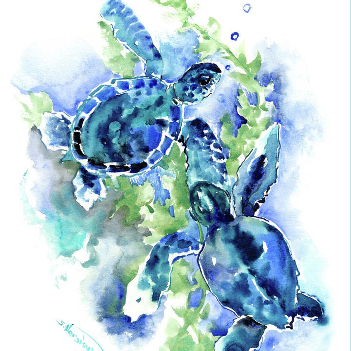Sea Turtle, underwater scene, BLue turquoise Illustration beach bath ...