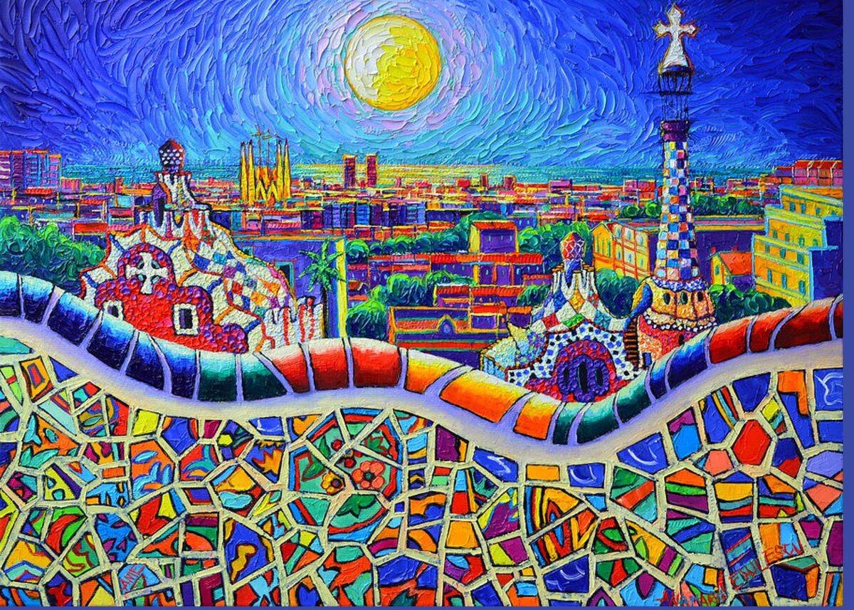 COLORFUL BARCELONA PARK GUELL MAGIC NIGHT BY MOON palette knife oil ...