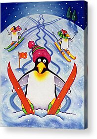 Winter Snow Penguin Ski Skis Disaster Accident Pole Wooly Hat Pom-pom Flag Acrylic Prints
