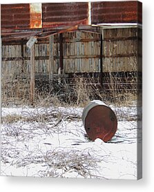 Old Barn And Rusted Barrel Acrylic Prints