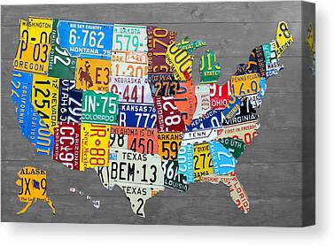 US License Plate Maps Travel Mixed Media Canvas Prints