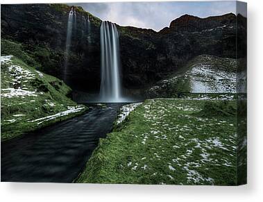 Holding Hands Behind Seljalandsfoss Waterfall D4060 Nature Landscape Ready to Hang or Rolled Photo Canvas Art Print South Iceland