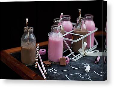 Vintage Glass Milk Bottle Milk Shake With Chalk & Straws 