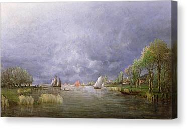 River Landscape Stormy Flooded Swollen Village Sailing Boats Sky Grey Canvas Prints