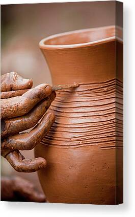 Nicaragua, Catarina, Potter's Hands Creating Clay Pottery on Spinning Wheel | Large Stretched Canvas, Black Floating Frame Wall Art Print | Great B