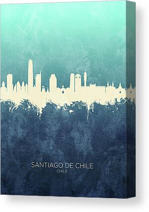 Santiago Chile City Skyline Print CANVAS WALL ART Triple Picture Blue