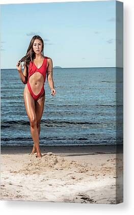 Canvas Print Young slender woman in fashionable swimsuit 