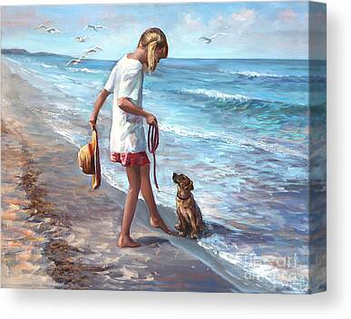 Dog Play Beach Canvas Prints