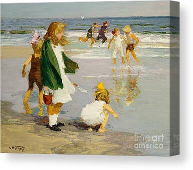 Children Male Female Girl Girls Playing Play Surf Beach Seaside Holiday Canvas Prints