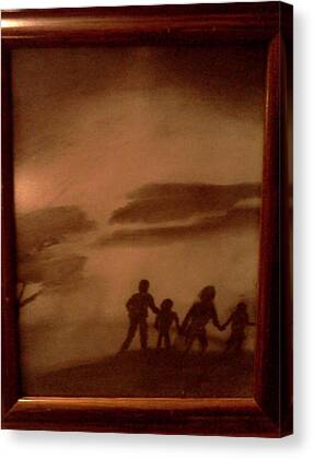 Silhouette Of A Traditional Family Walking Sketched With Charcoal Canvas Prints