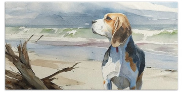 Dog At Beach Beach Towels