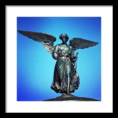 Bethesda Fountain Angel Central Park New York Ny Blue Black Sky Wings Framed Prints