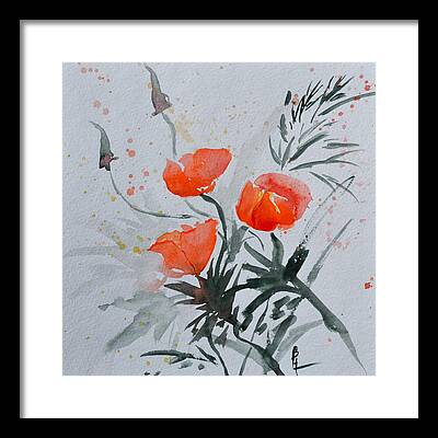 California Poppies Sumi-e Framed Prints