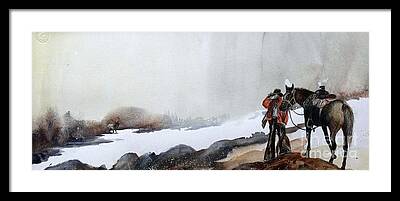 Elk In Snow With Horse And Hunter Framed Prints