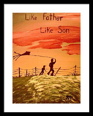 Silhouette On Panel Of Father And Son Flying A Kite Framed Prints