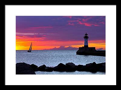 Sunrise Lake Superior Sailing Canal Park Lighthouse Duluth North Shore Framed Prints