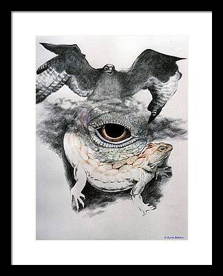 An Eagle Flying Over A Surreal Space Which Includes A Magical Lizard And Framed Prints