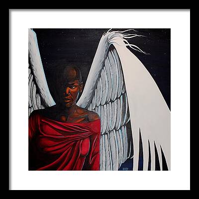 African American Female Angel In Red With White Wings Framed Prints