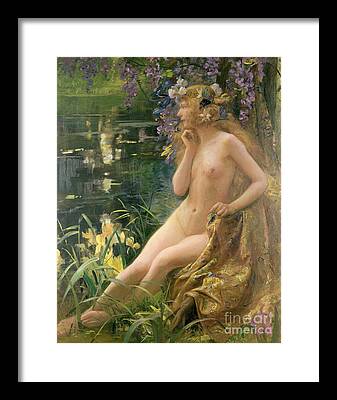 Nude Female Flowers Lake Reflection Reeds Headdress Wreath Fantasy Framed Prints