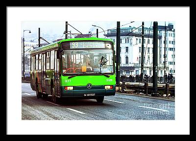Green Bus On The Galata Framed Prints